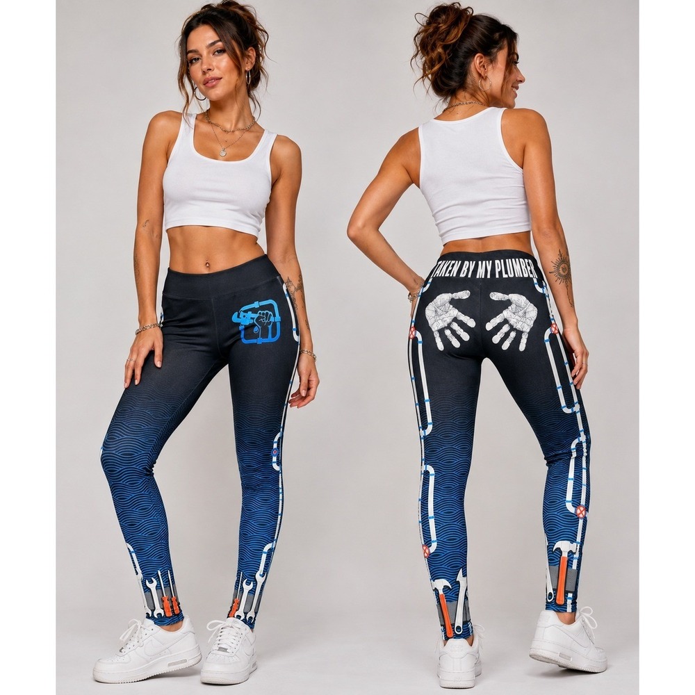 Teespring Taken By My Plumber Novelty Graphic Leggings Blue Black Ombre Small
